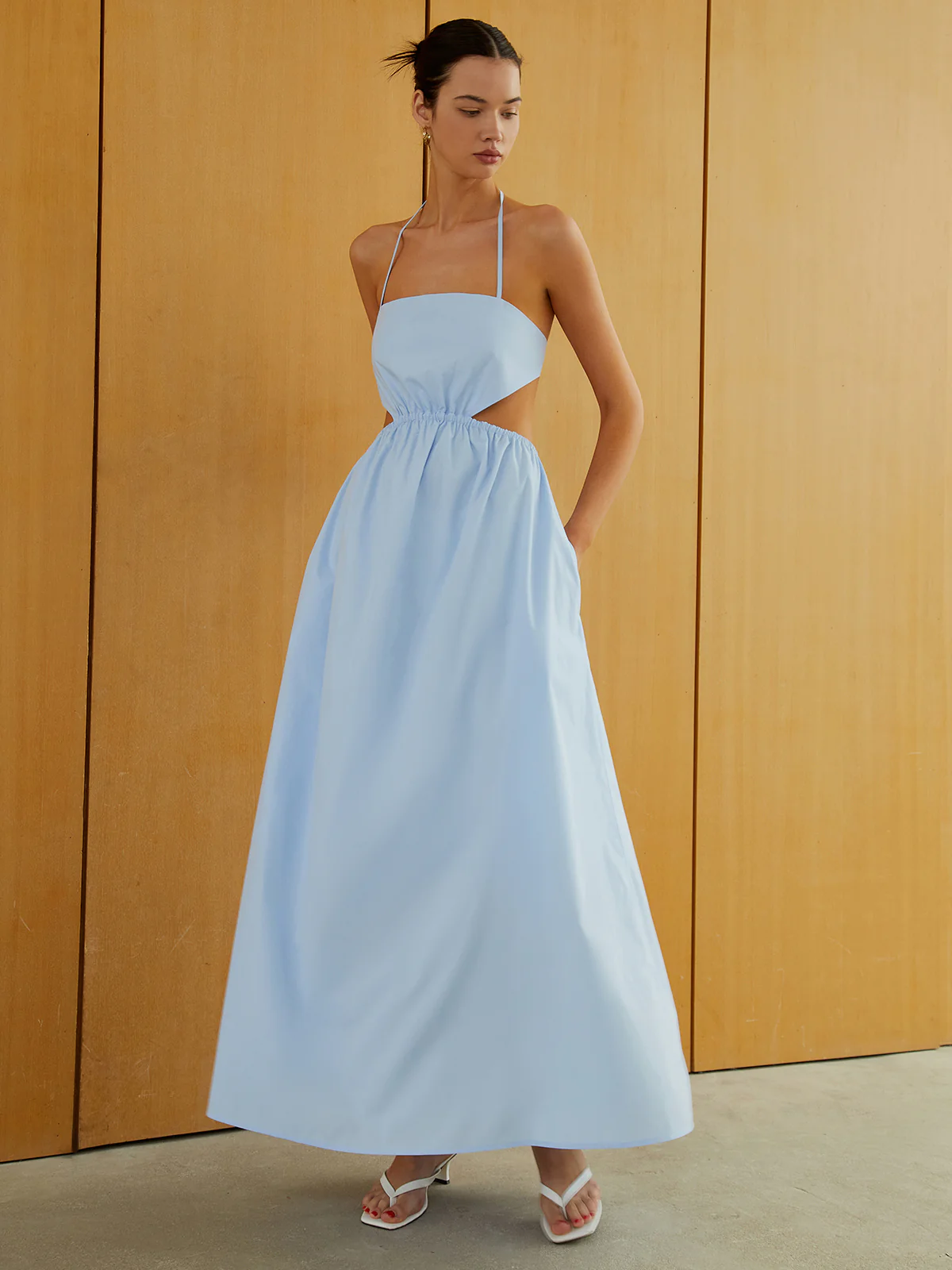 Halter Elastic Waist Cutout Long Pocket Dress - Takermore