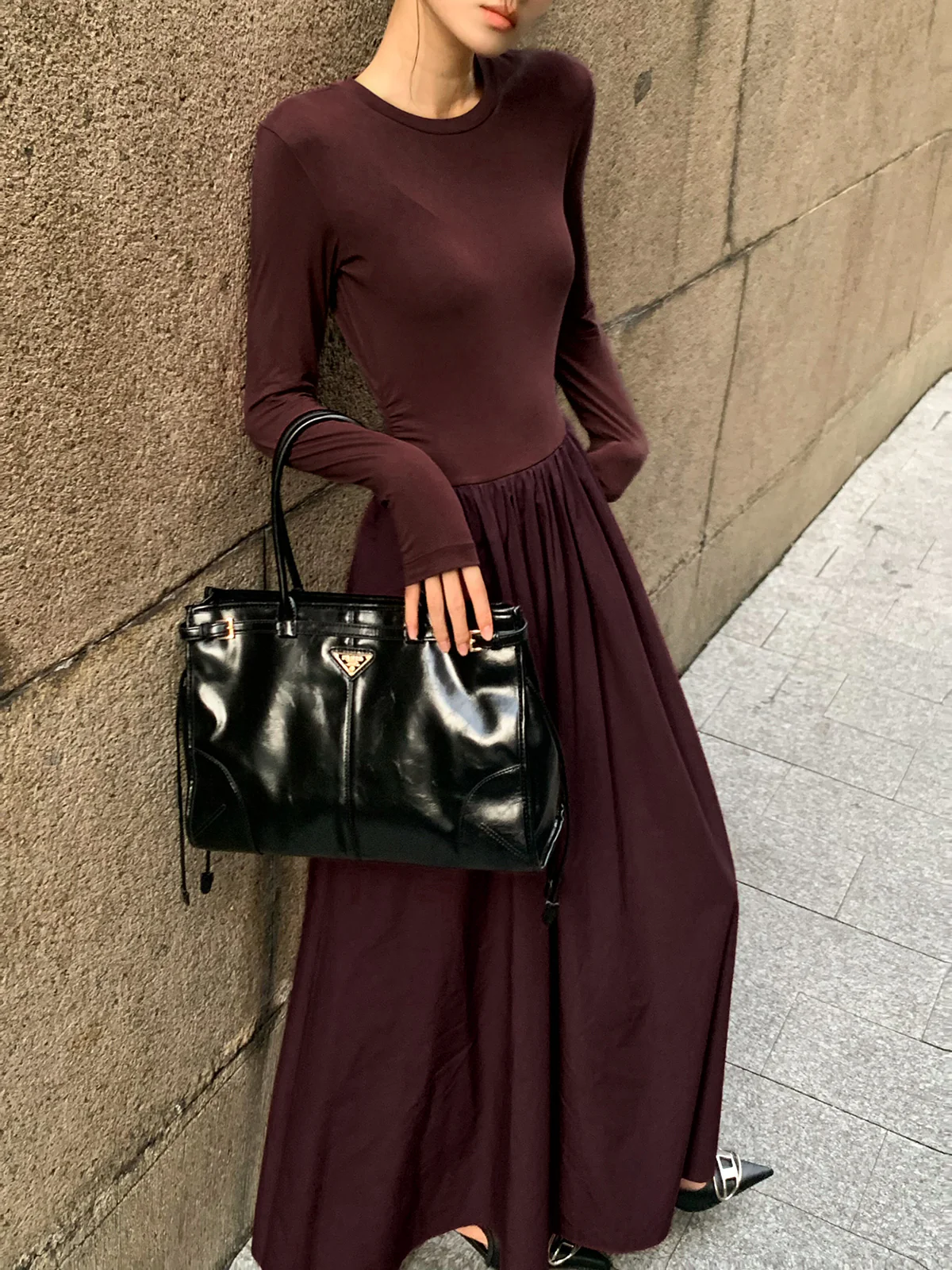 Plain Long Sleeve Pleated Dress - Takermore