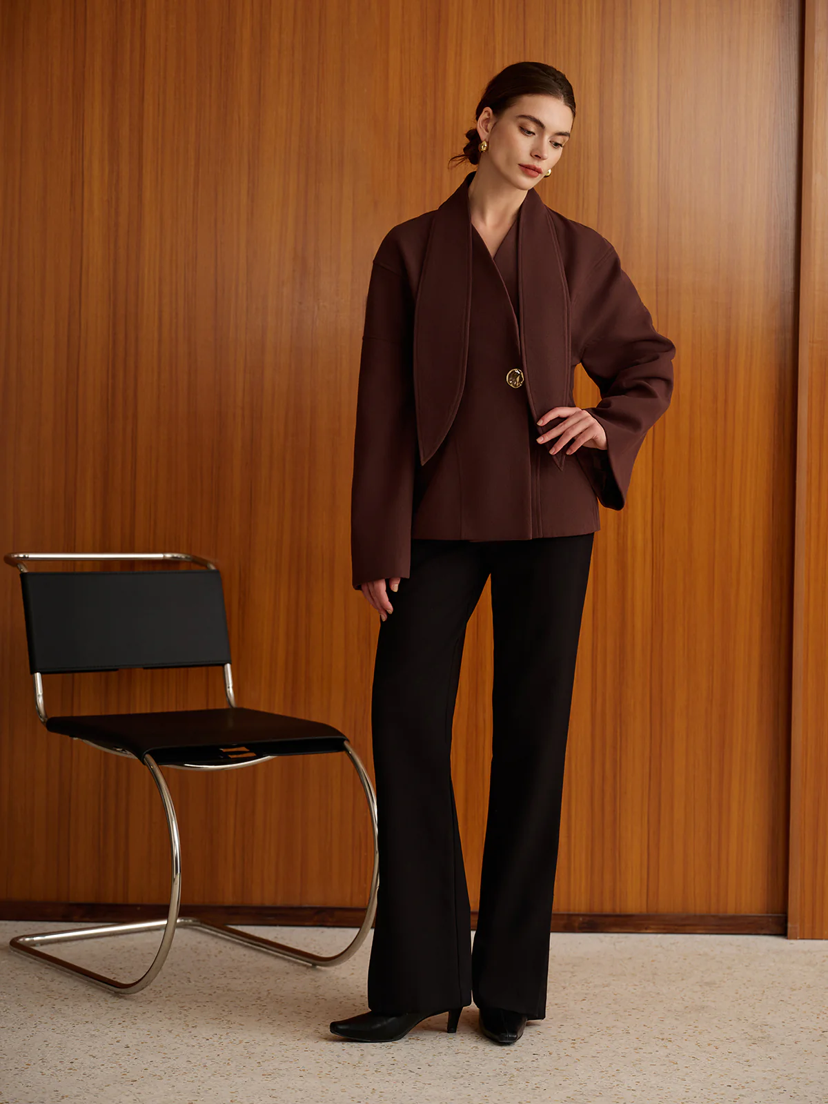 Plain Metal-Button Coat With Scarf - Takermore