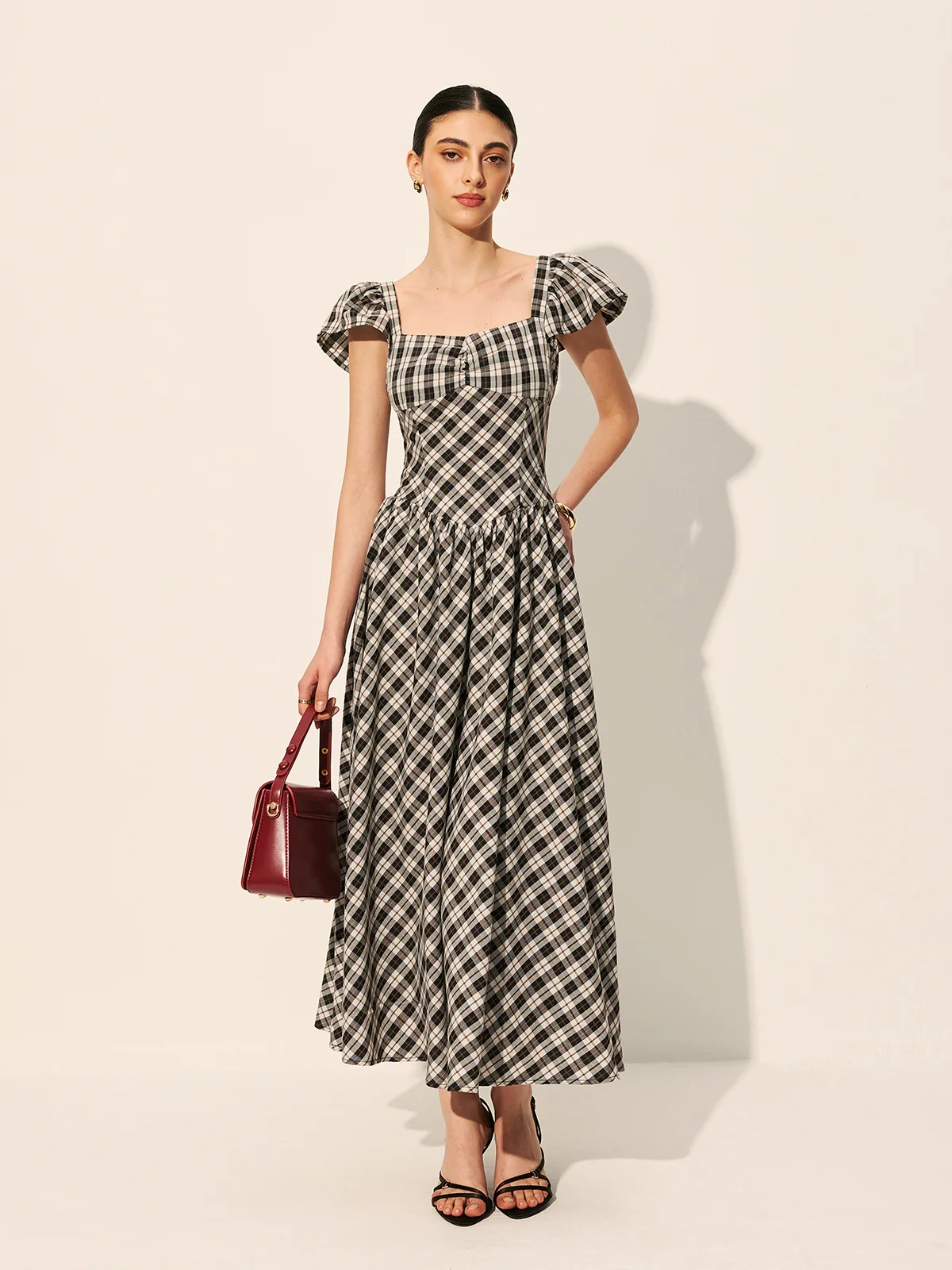 Checkerboard Puff Sleeve Dress - Takermore