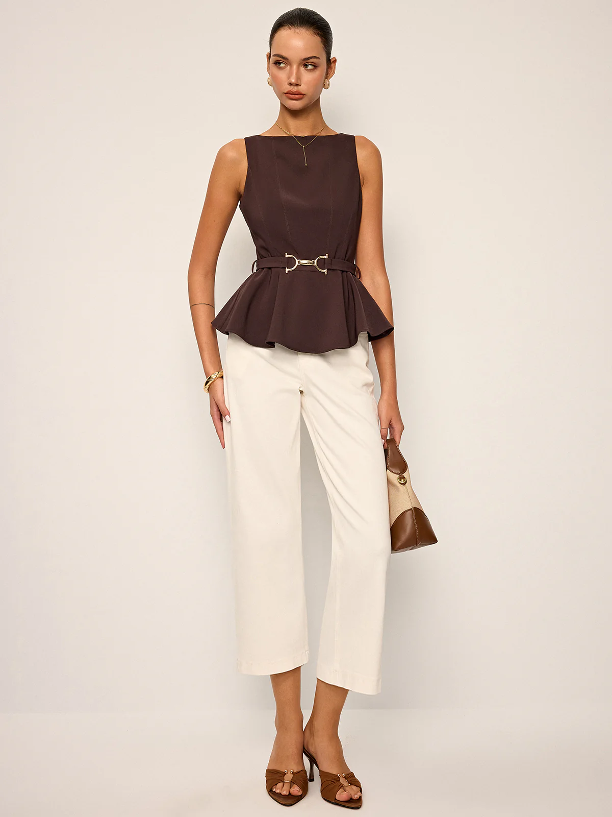 Sleeveless Peplum Top with Metal Buckle Belt - Takermore