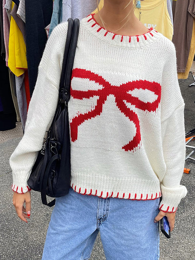 Contrast Binding Bow Sweater - Takermore