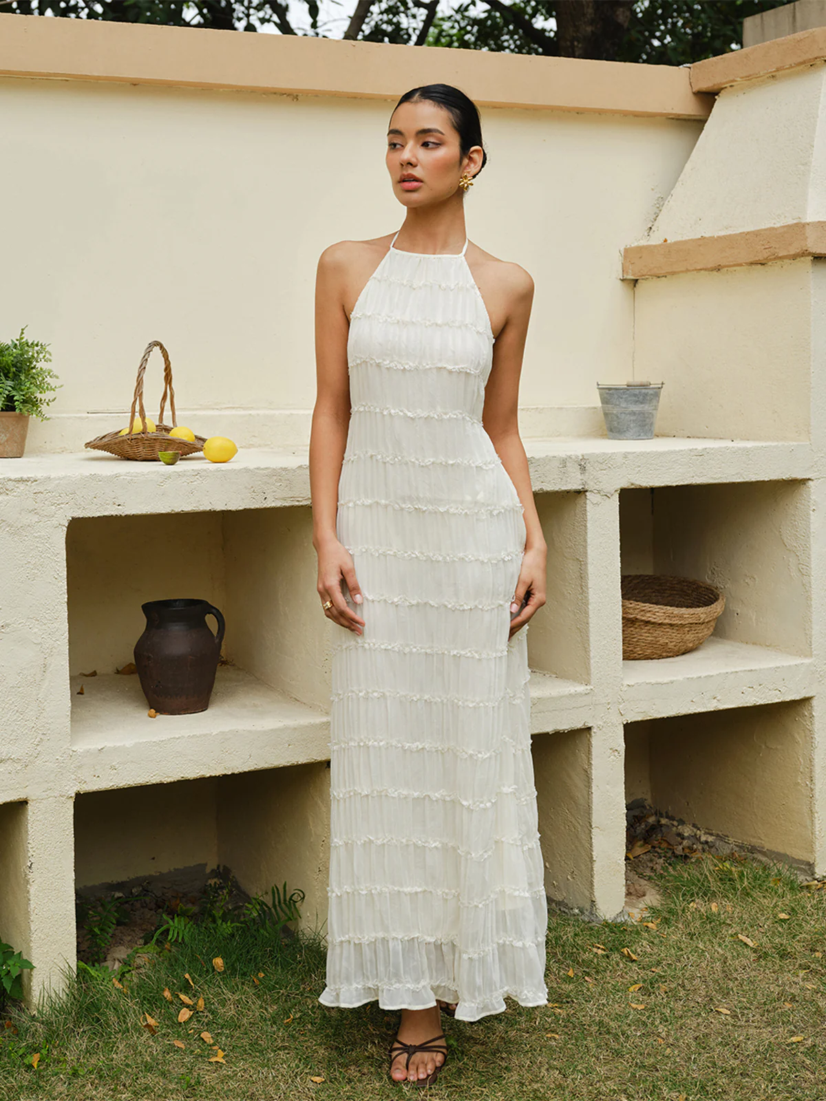 Halter Strappy Back Ruffled Dress - Takermore