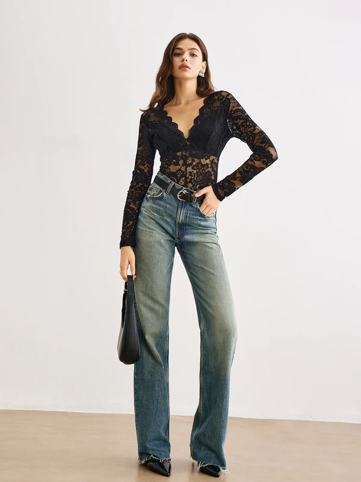 Wave Trim Sheer Lace Panel Bodysuit - Takermore