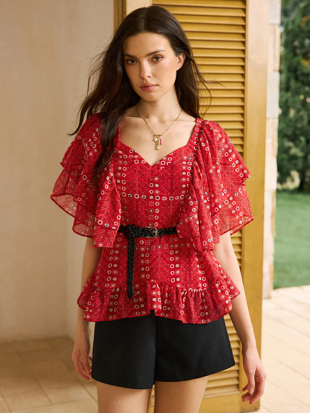 Printed Ruffled Peplum Top with Belt - Takermore