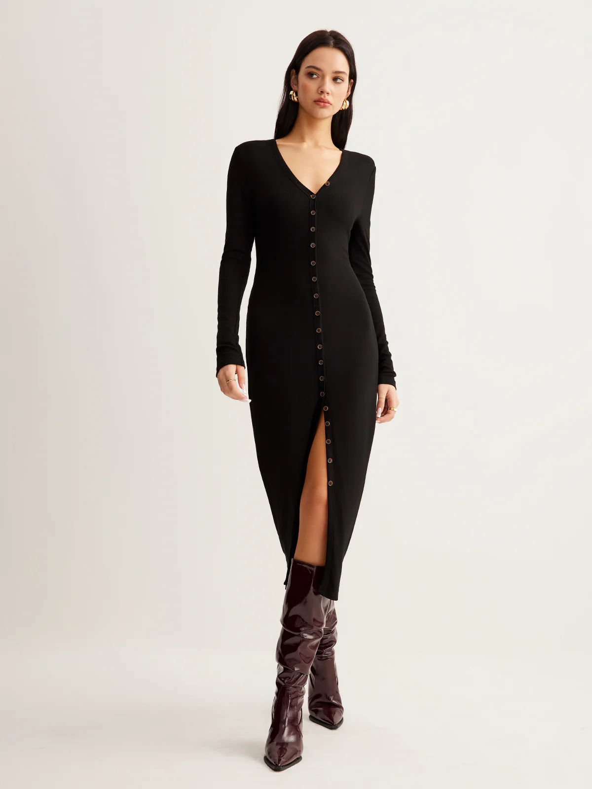 V-Neck Button Slim Long Dress - Takermore