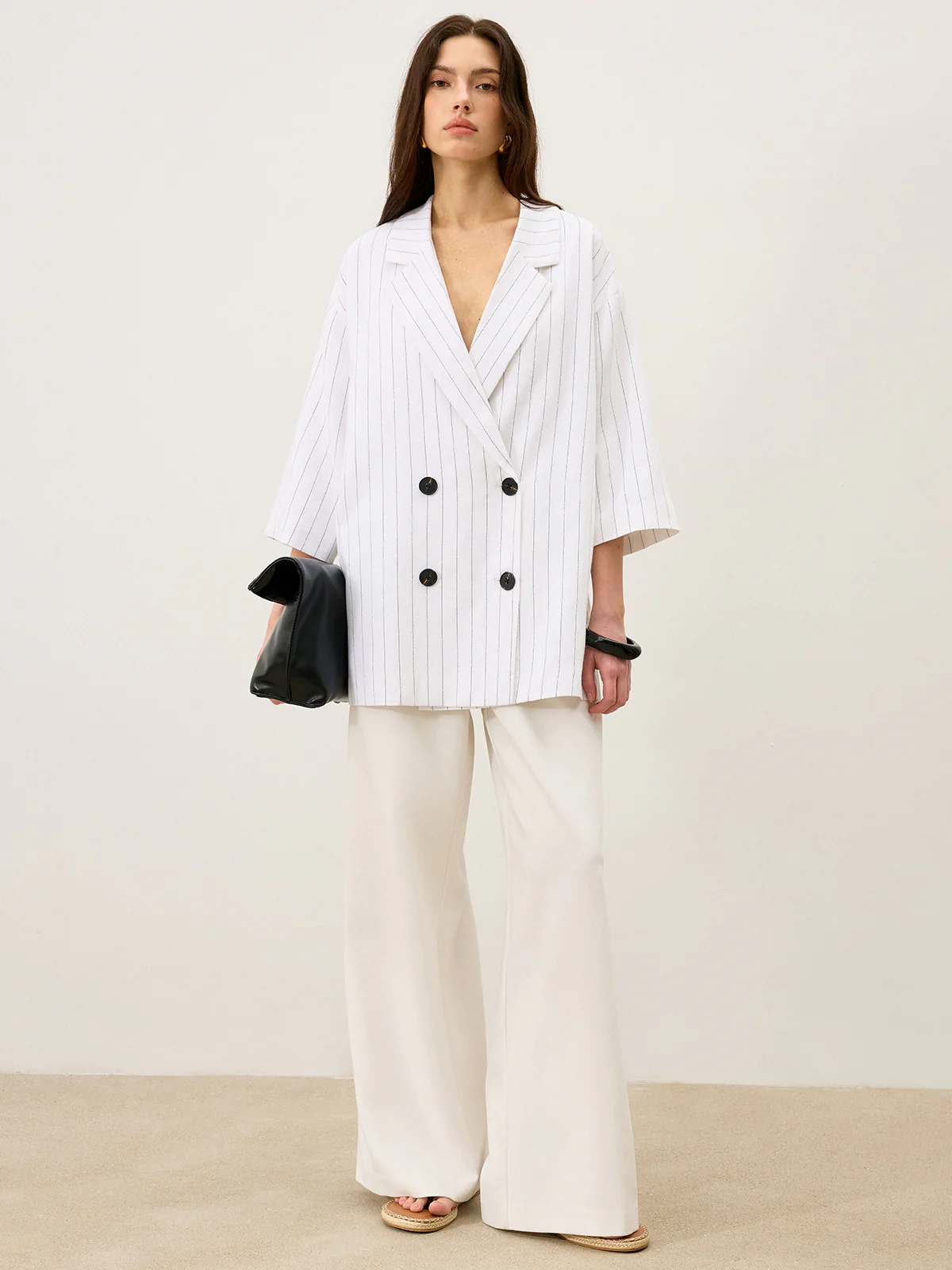 Linen&Cotton Oversized Striped Side Slit Double-Breasted Blazer - Takermore