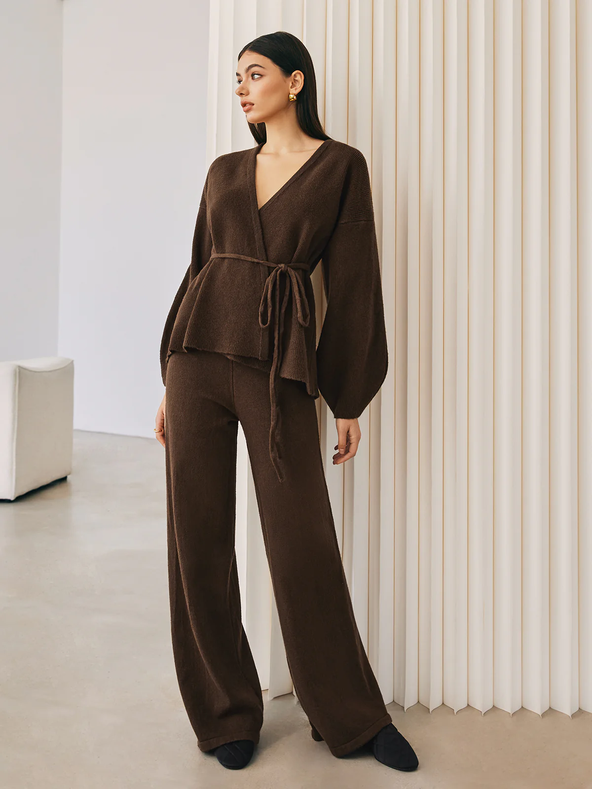 Wrap Belted Sweater Pants Set - Takermore