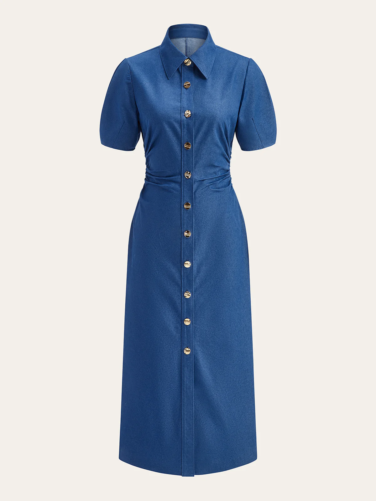 Ruched Polo-Collar Button-Front Midi Dress - Takermore