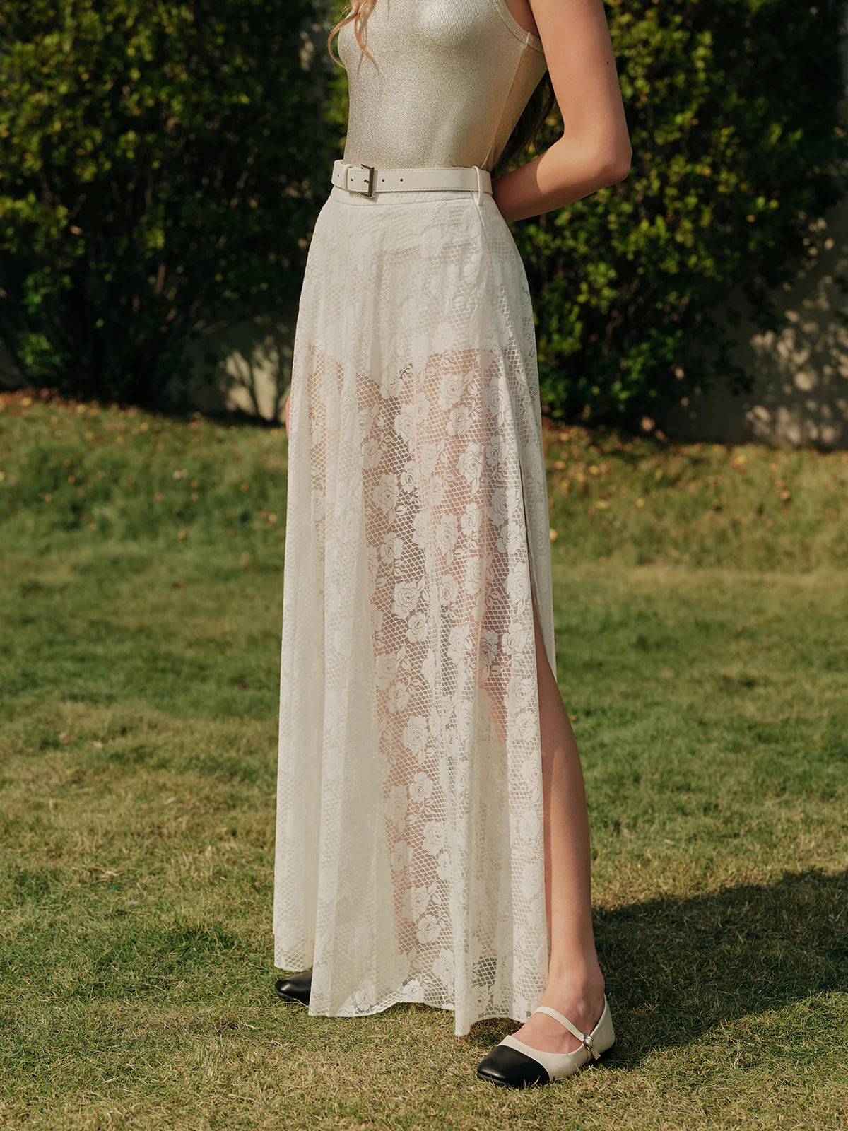 Sheer Lace Split Skirt With Belt - Takermore