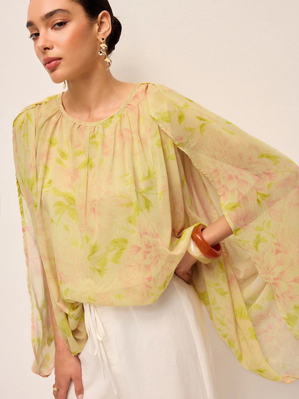 Semi-Sheer Chiffon Floral Drape Sleeve Blouse - Takermore