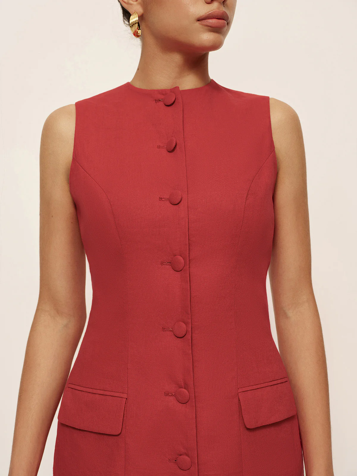 Cotton & Linen Button Sleeveless Short Dress - Takermore