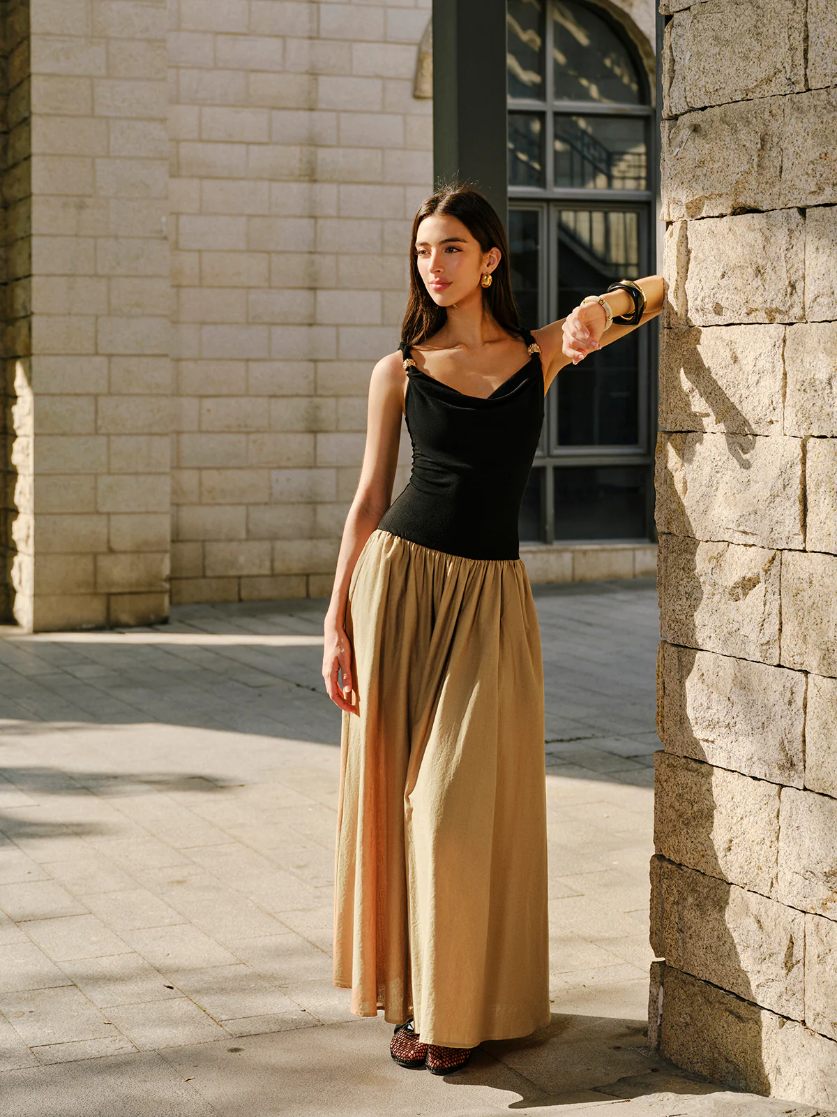 Linen & Cotton Panel Cowl Neck Metal Detail Sleeveless Dress - Takermore