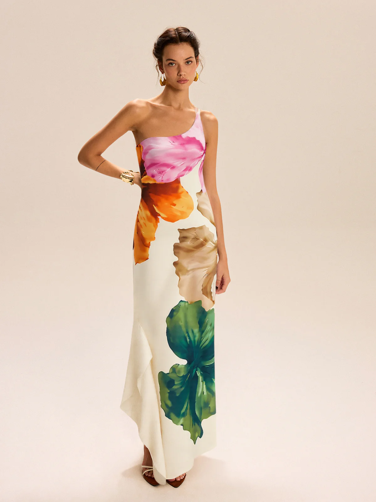 Asymmetric One-Shoulder Floral Print Maxi Dress - Takermore