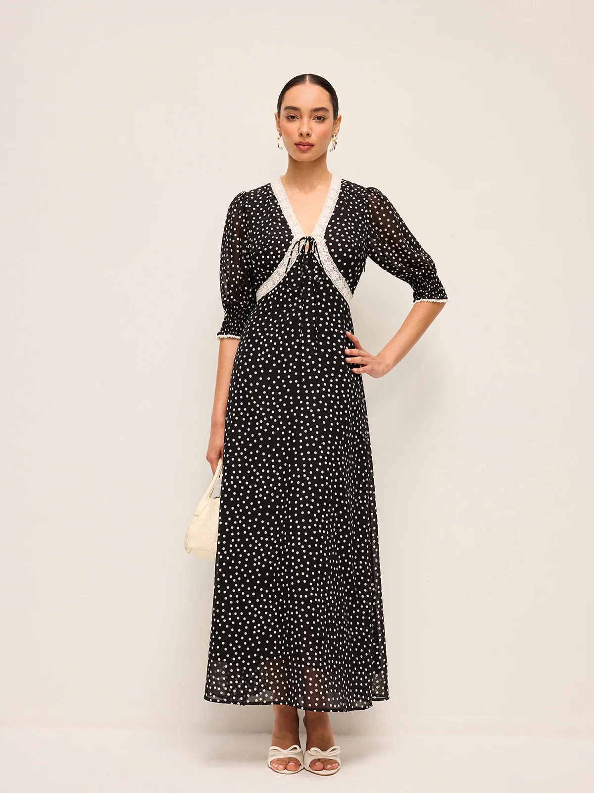 Semi-Sheer Polka Dot Chiffon Dress With Lace Trim - Takermore