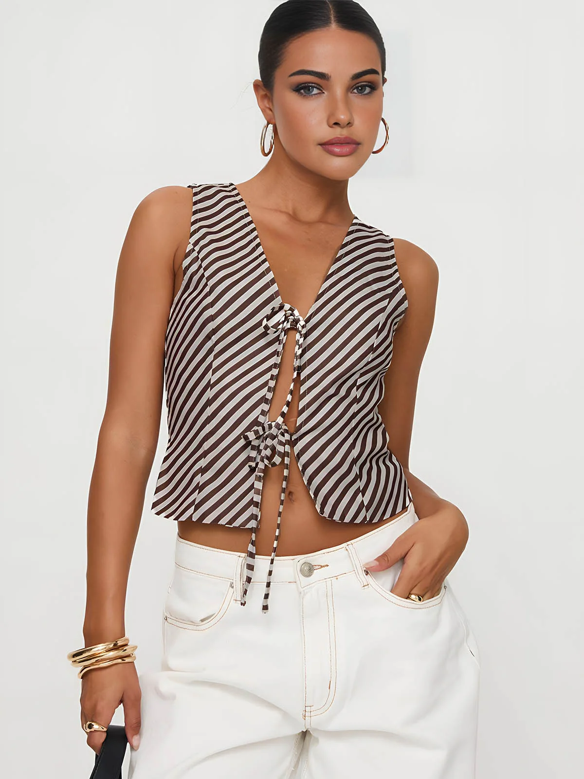 Stripe Knotted V-Neck Vest - Takermore