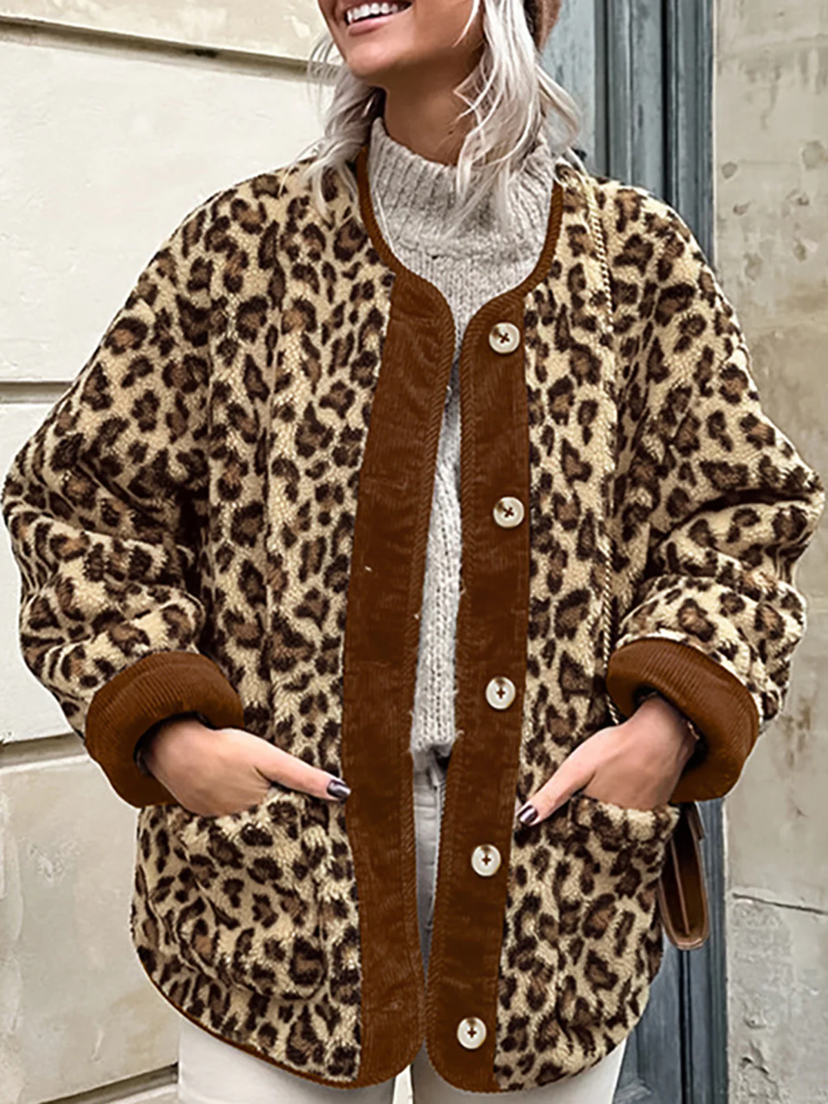 Contrast Trim Minky Leopard Jacket - Takermore
