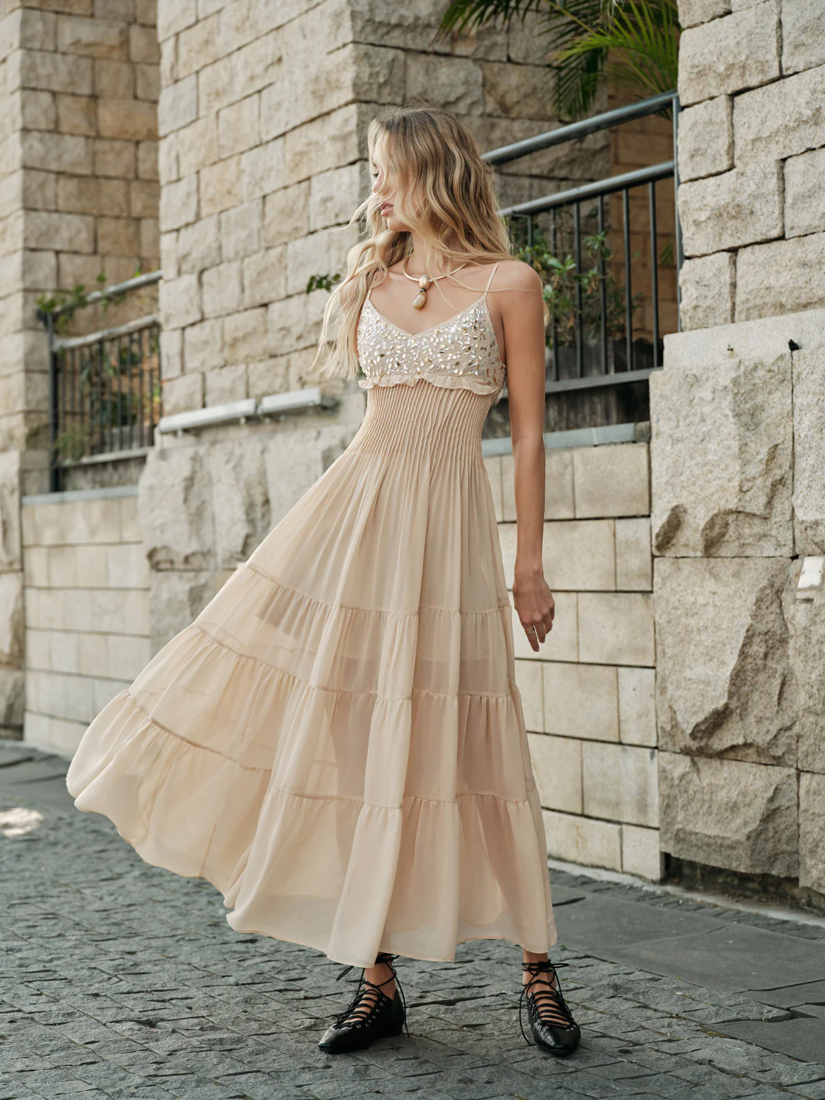 Semi-Sheer Embroidered Bustier Tiered Dress - Takermore