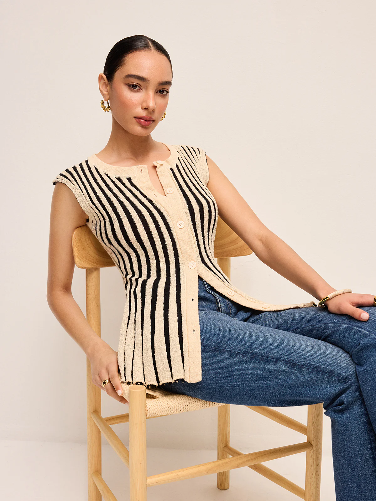 Stripe Button-Front Knit Top - Takermore