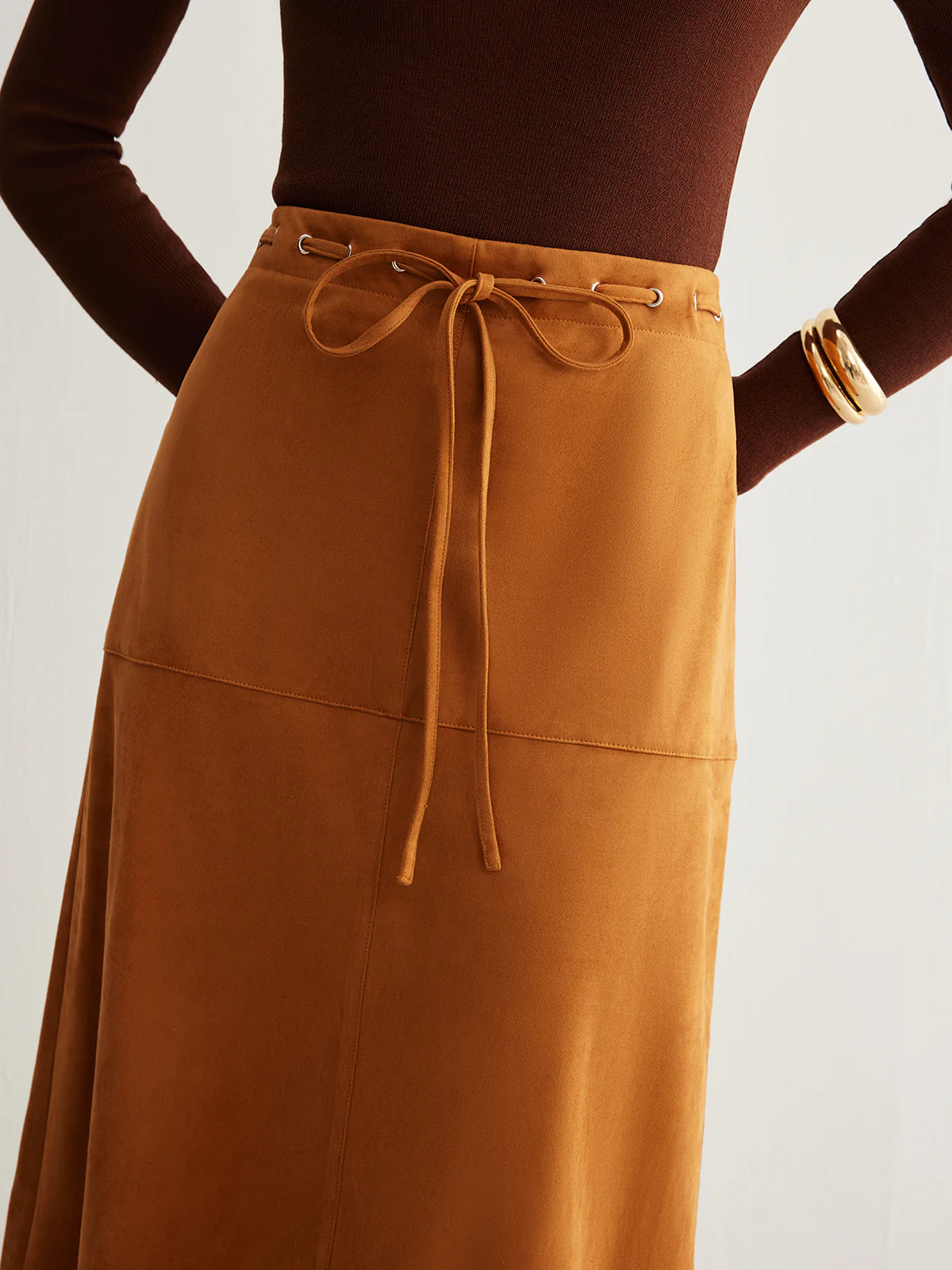 Drawstring Back-Zipper Suede Skirt - Takermore