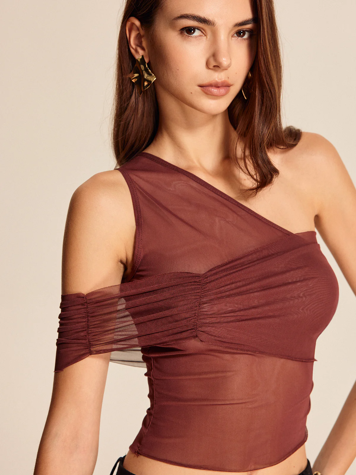 Semi-Sheer One-Shoulder Mesh Top - Takermore