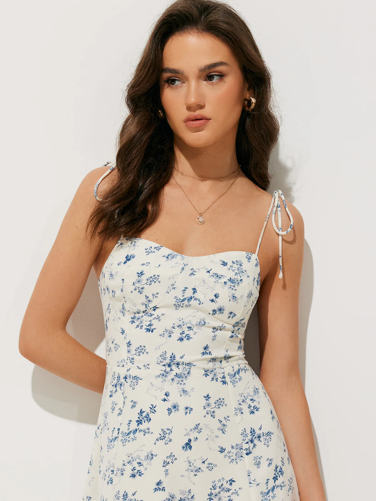 Semi-Sheer Floral Print Shirred Cami Long Dress - Takermore