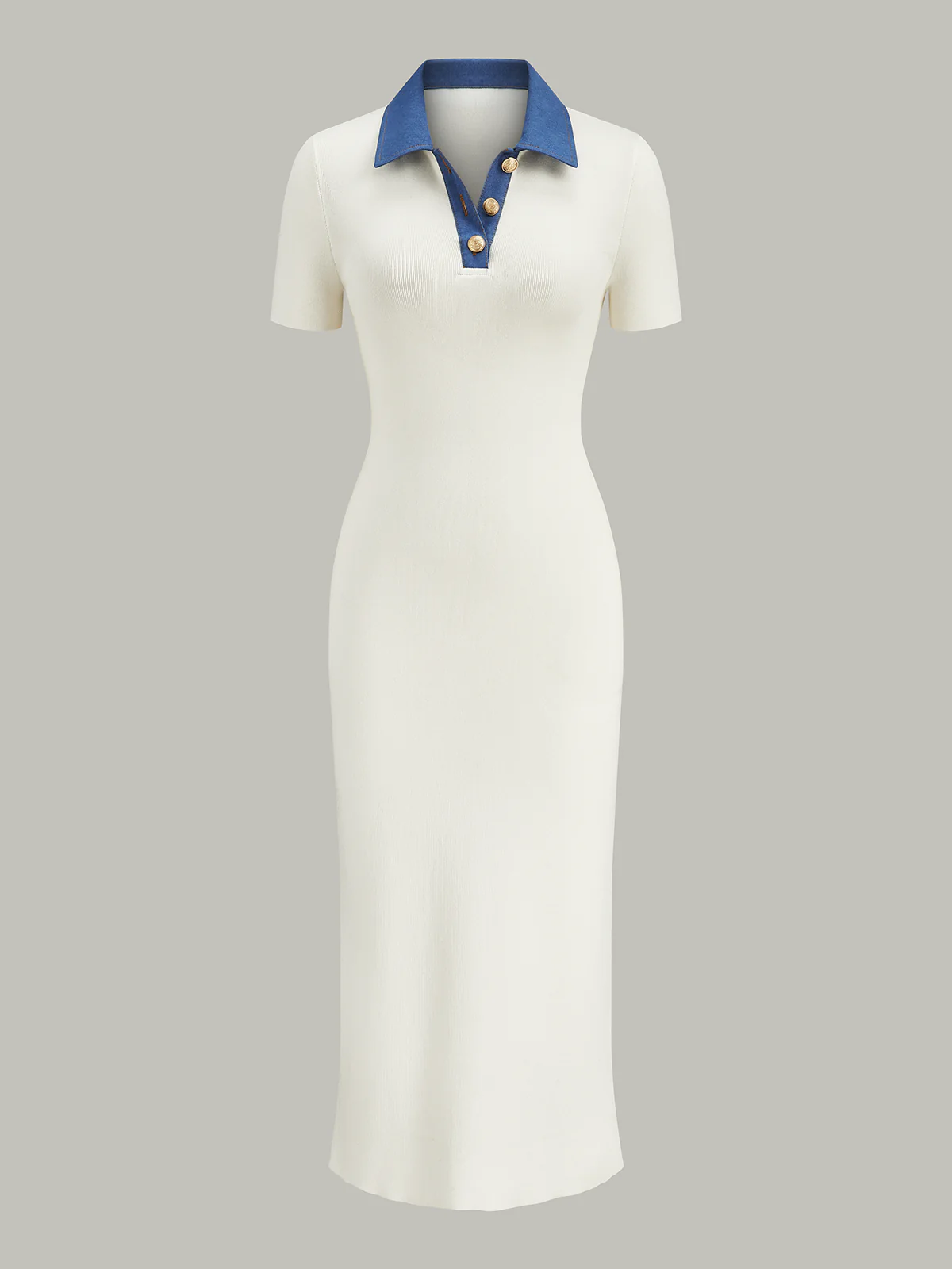 Denim-Collar Buttoned Polo Knit Midi Dress - Takermore