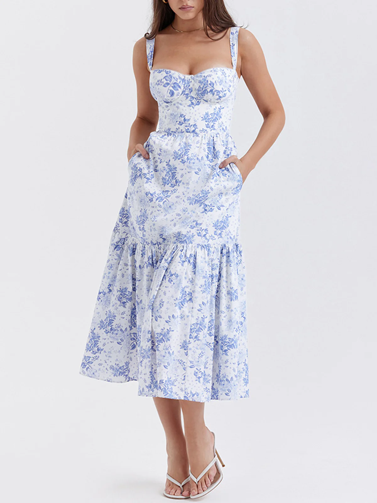 Forget Me Not Floral Pockets Zippered Long Dress - Takermore