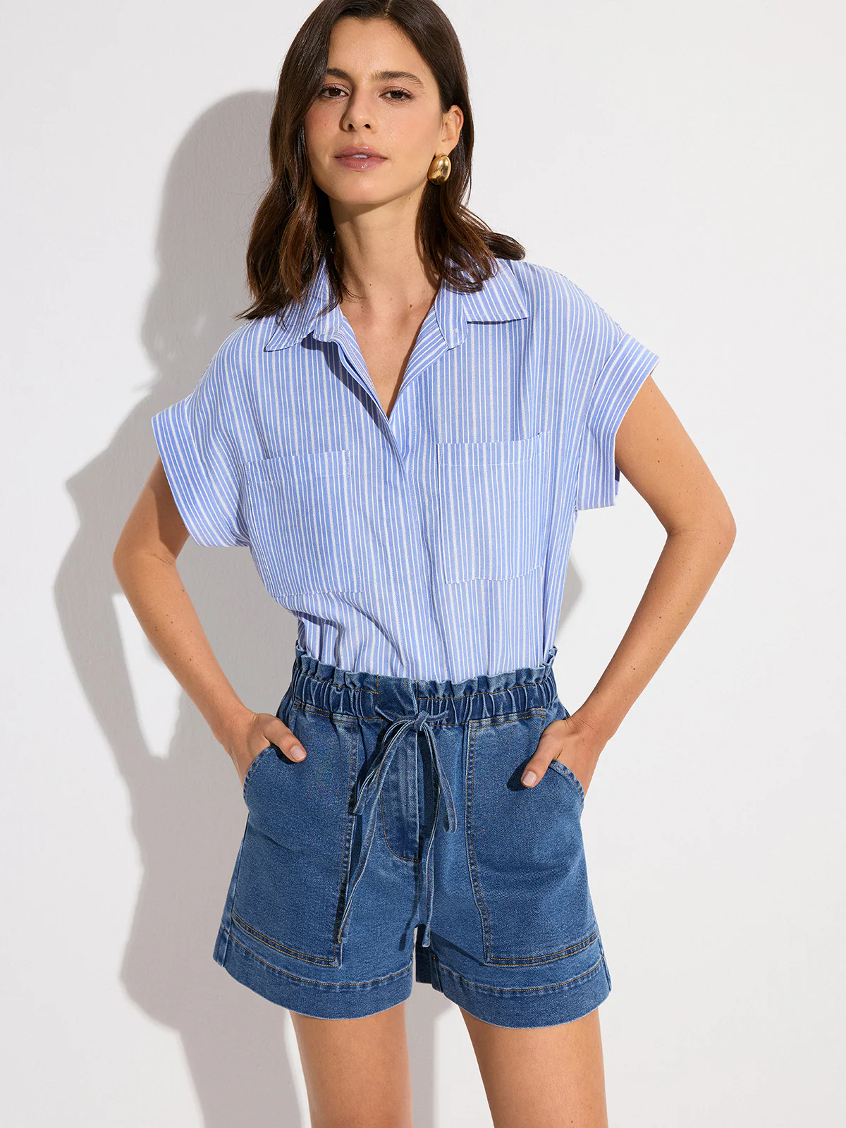 Denim Elastic-Waist Shorts with Drawstring - Takermore