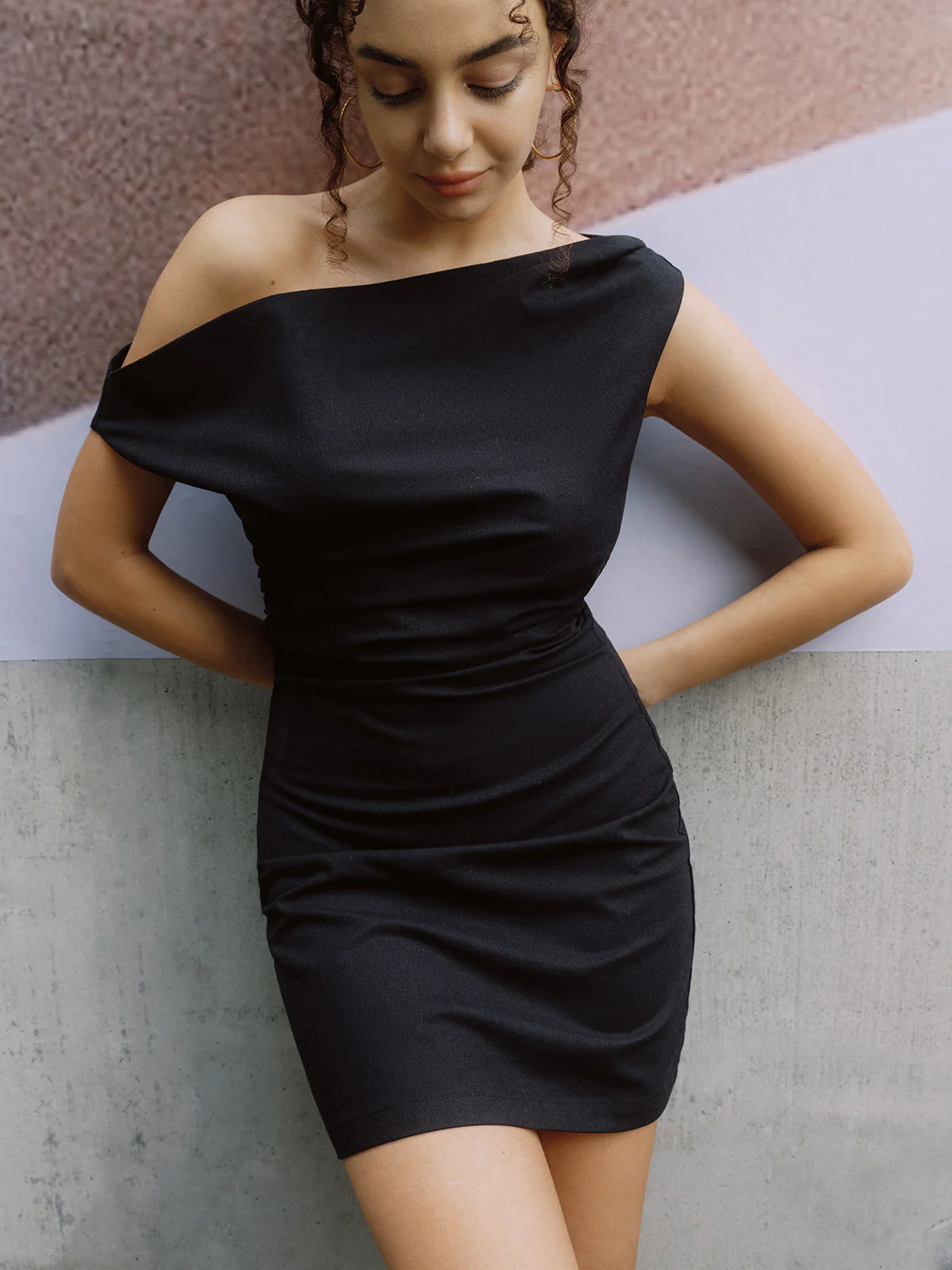 Cotton & Linen Asymmetrical Neck One Shoulder Off Short Dress - Takermore