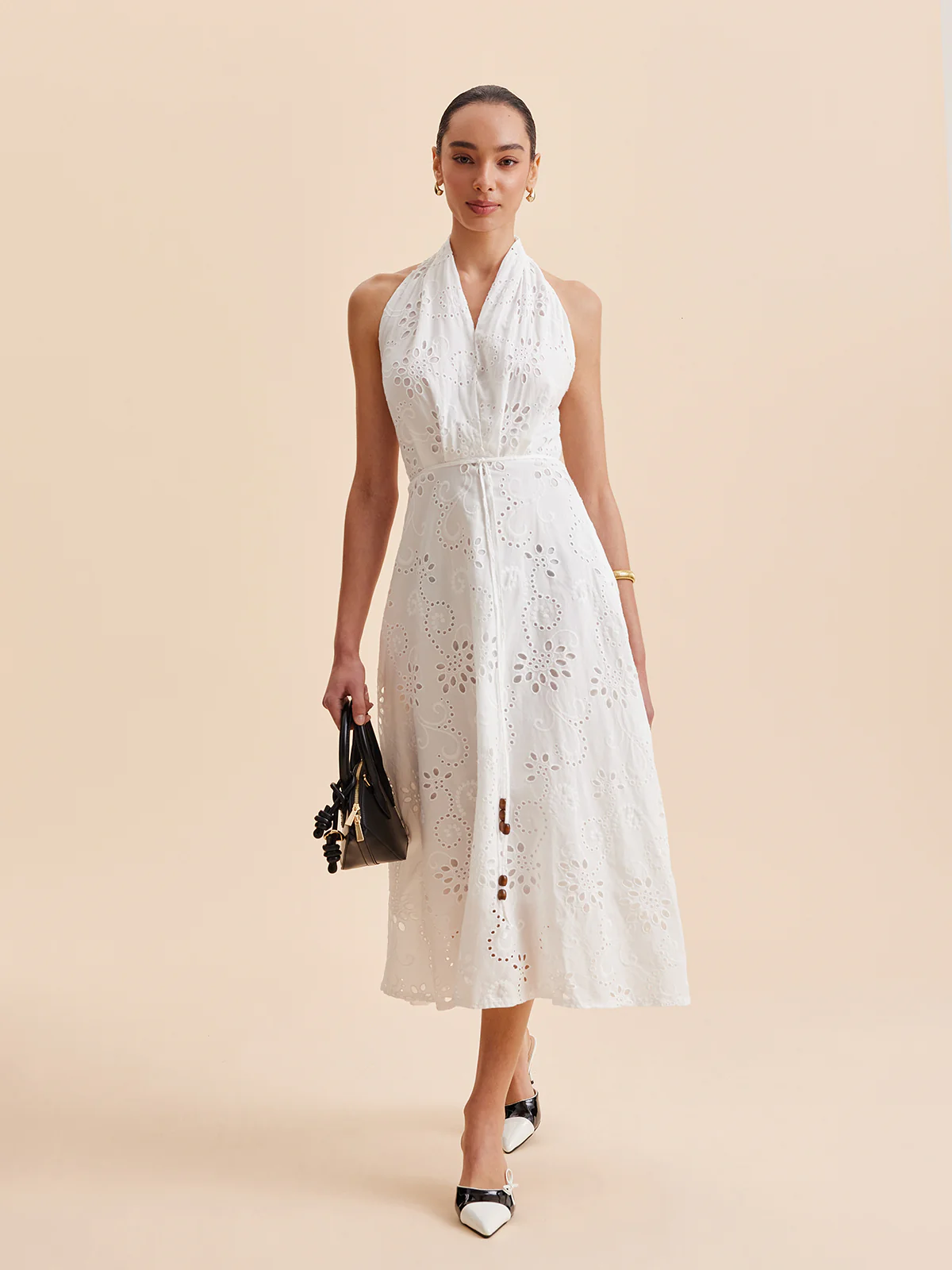 Halter Neck Eyelet Belted Midi Dress - Takermore