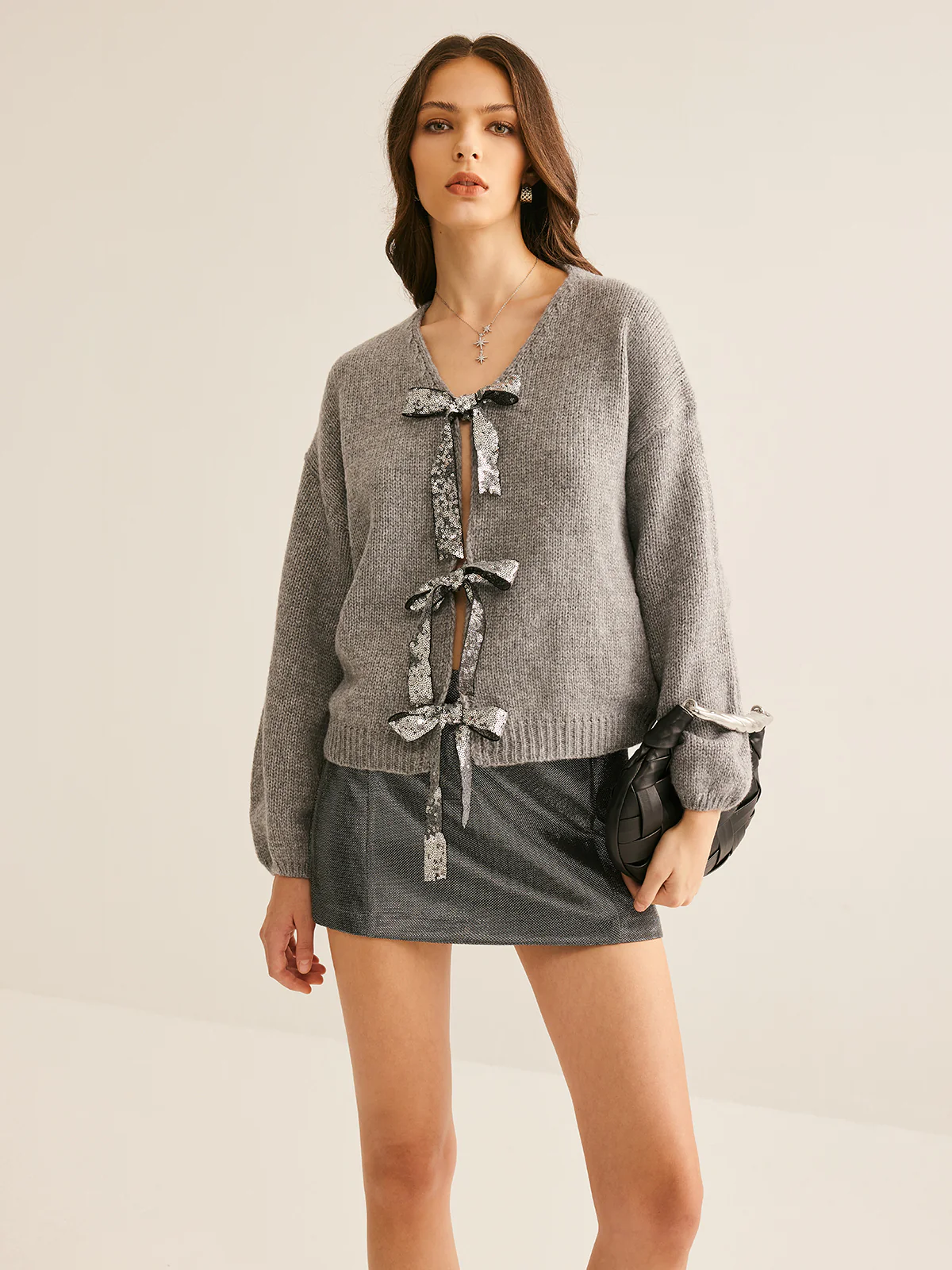 V-Neck Bow Knotted Cardigan - Takermore