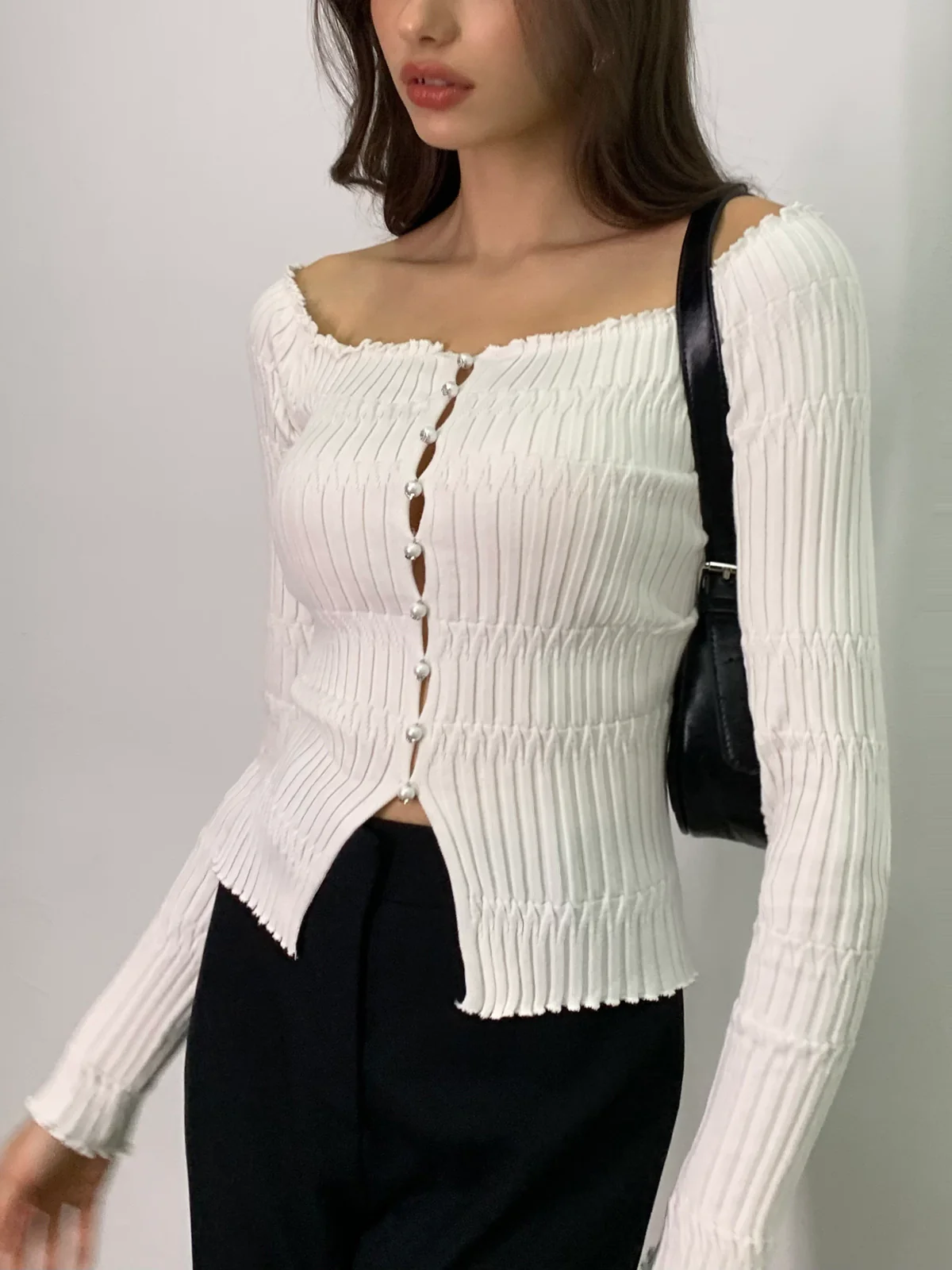 Off-Shoulder Lettuce Trim Cardigan - Takermore