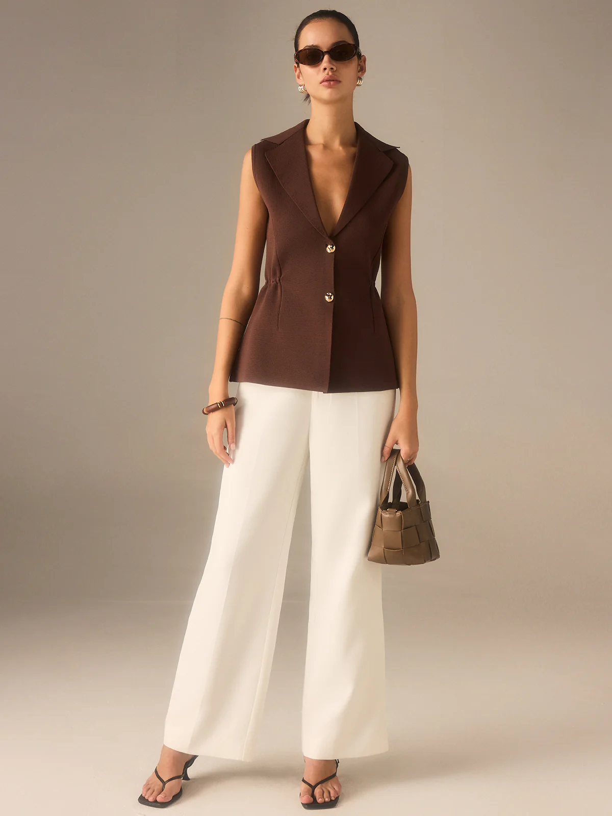 Metal Button Knitted Sleeveless Blazer - Takermore