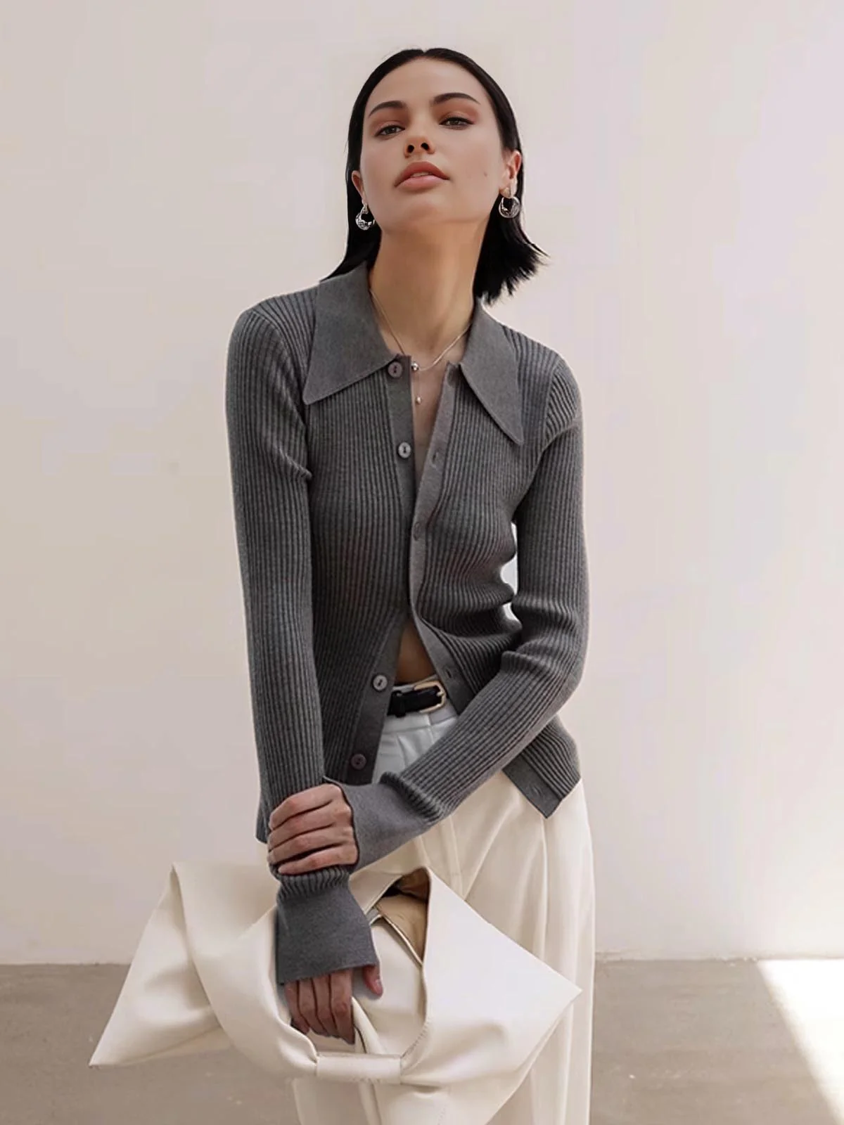 Ribbed Lapel Slim Cardigan - Takermore
