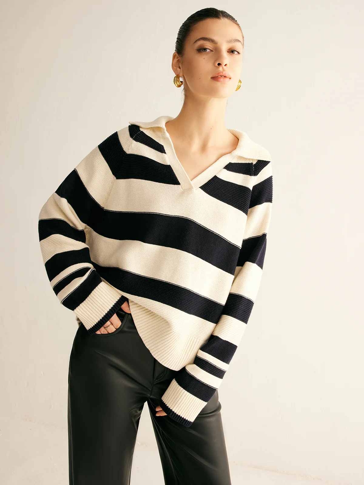 V-Neck Two-Tone Striped Polo Sweater - Takermore