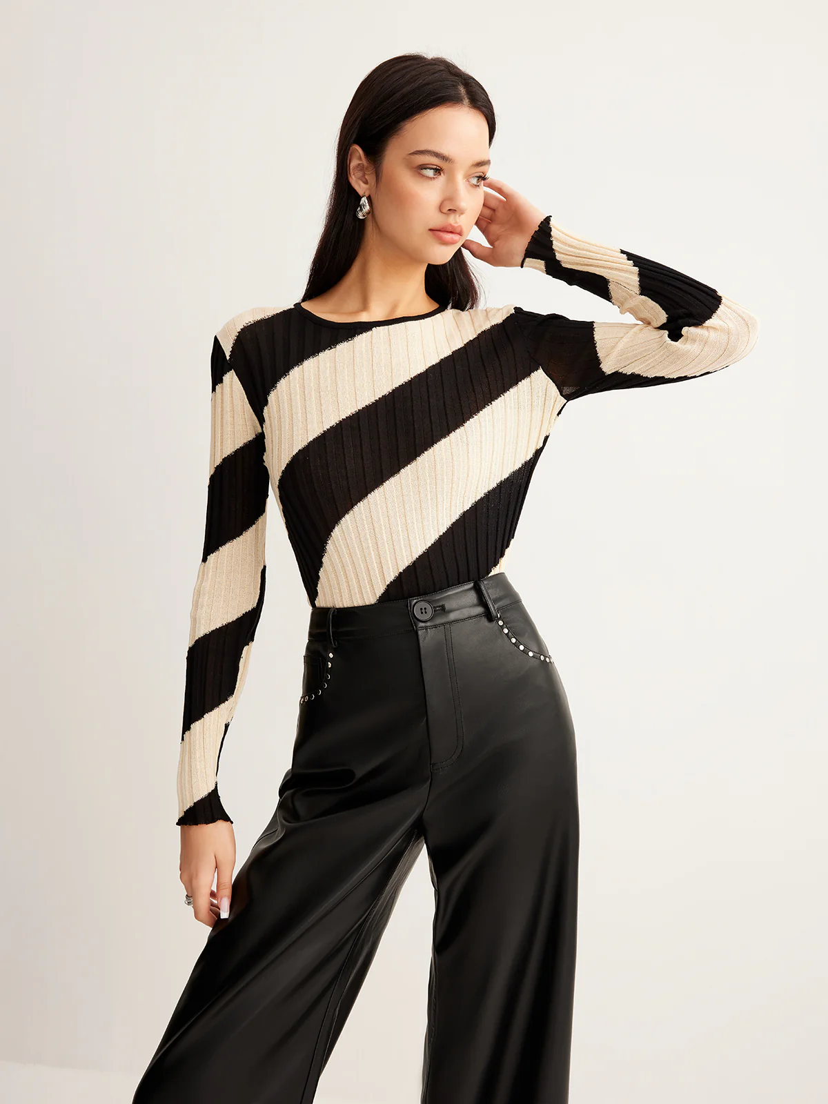 Asymmetrical Striped Slim Knit Top - Takermore