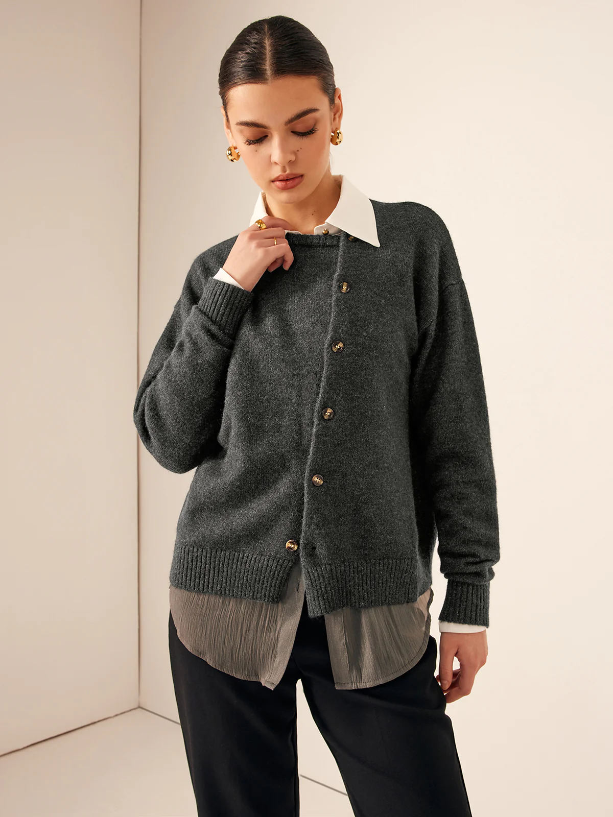 Asymmetrical Button-Down Crew Neck Cardigan - Takermore