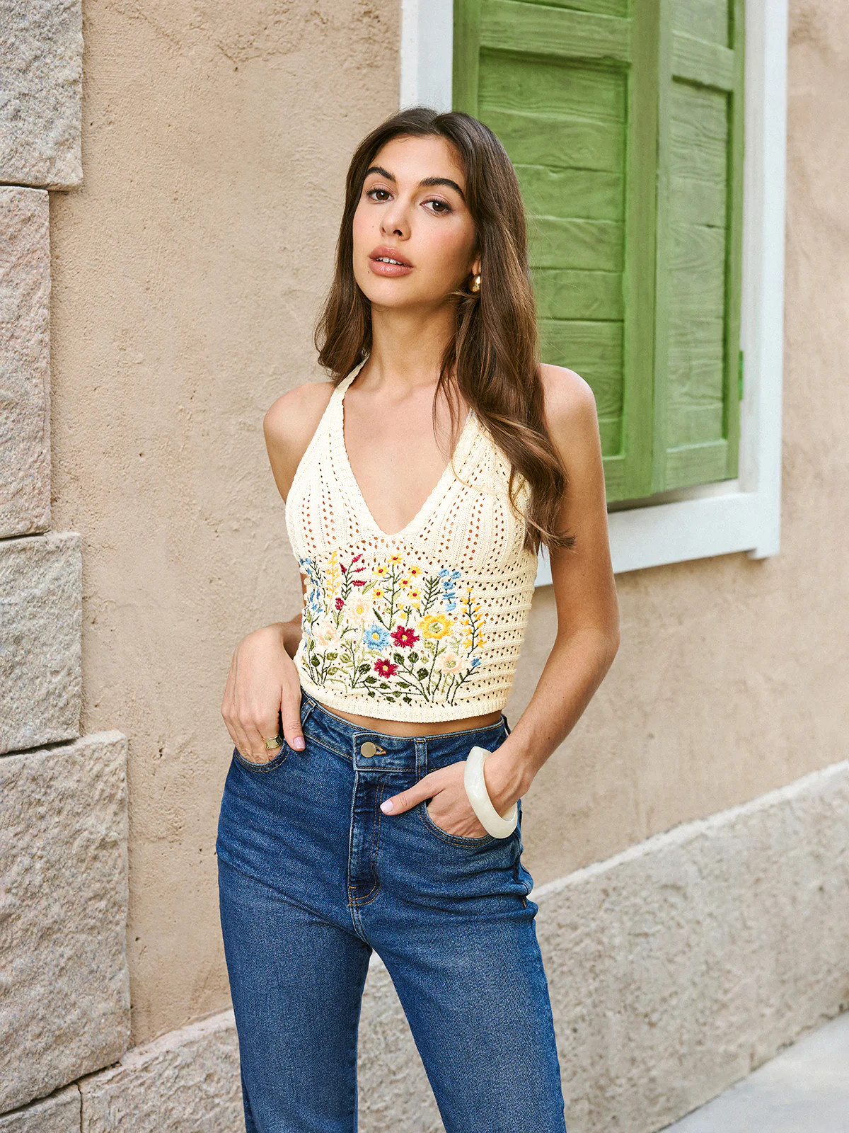 Halter Embroidery Tie-Back Top - Takermore