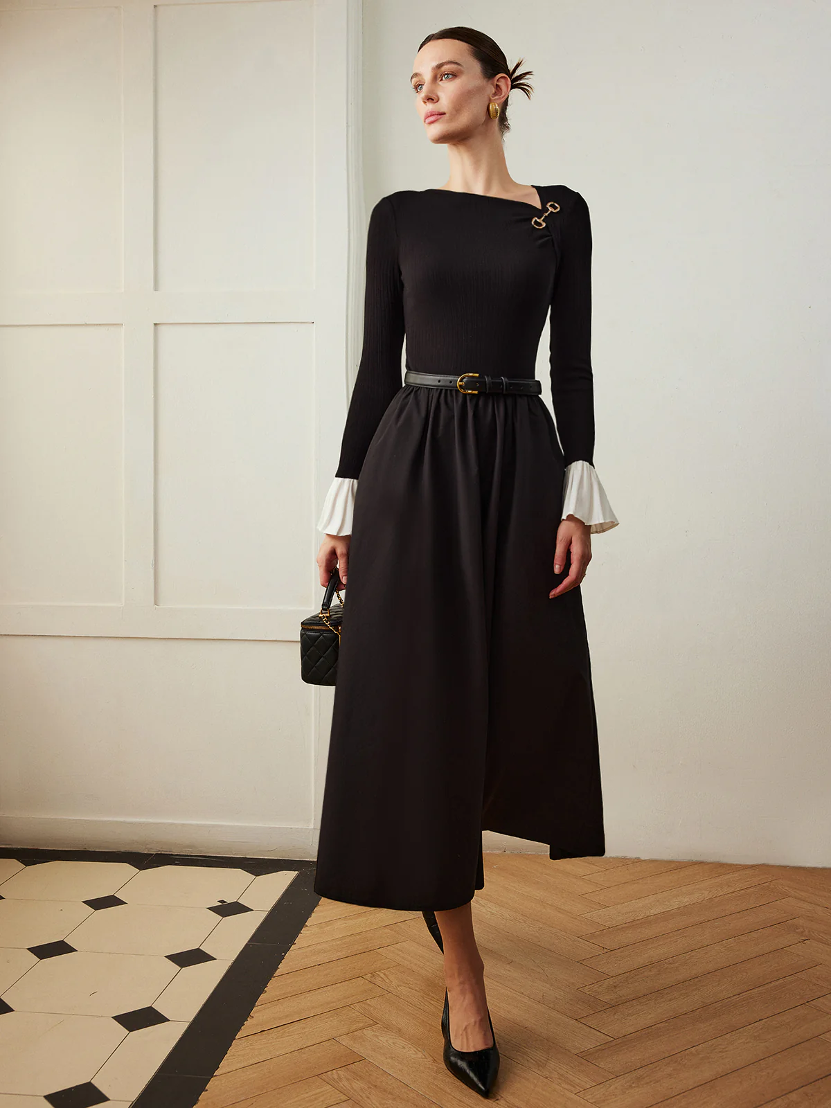 Ruffle-Cuff Panel Pockets Dress Without Belt - Takermore