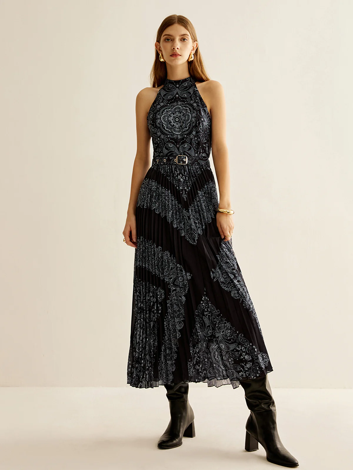Boheme Sleeveless Pleated Dress With Belt - Takermore