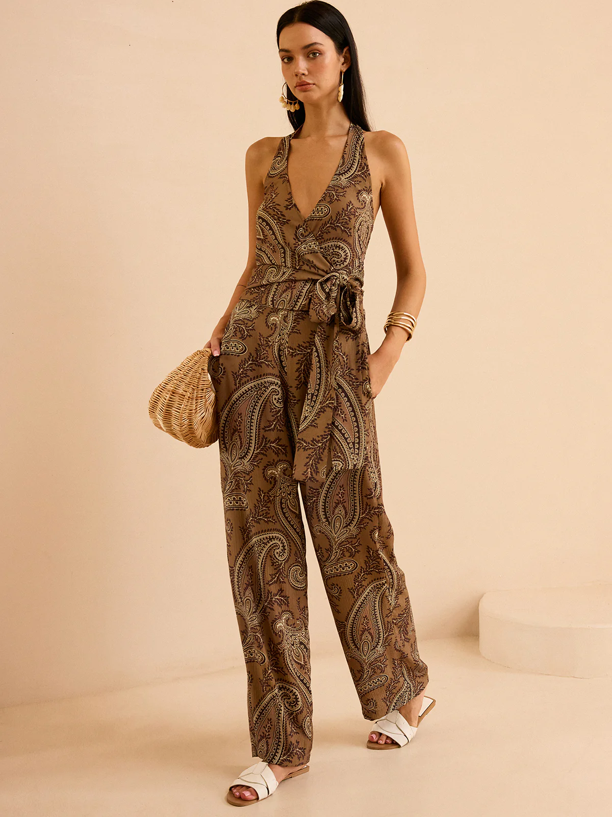 Paisley Print Halter Top and Pants Set - Takermore