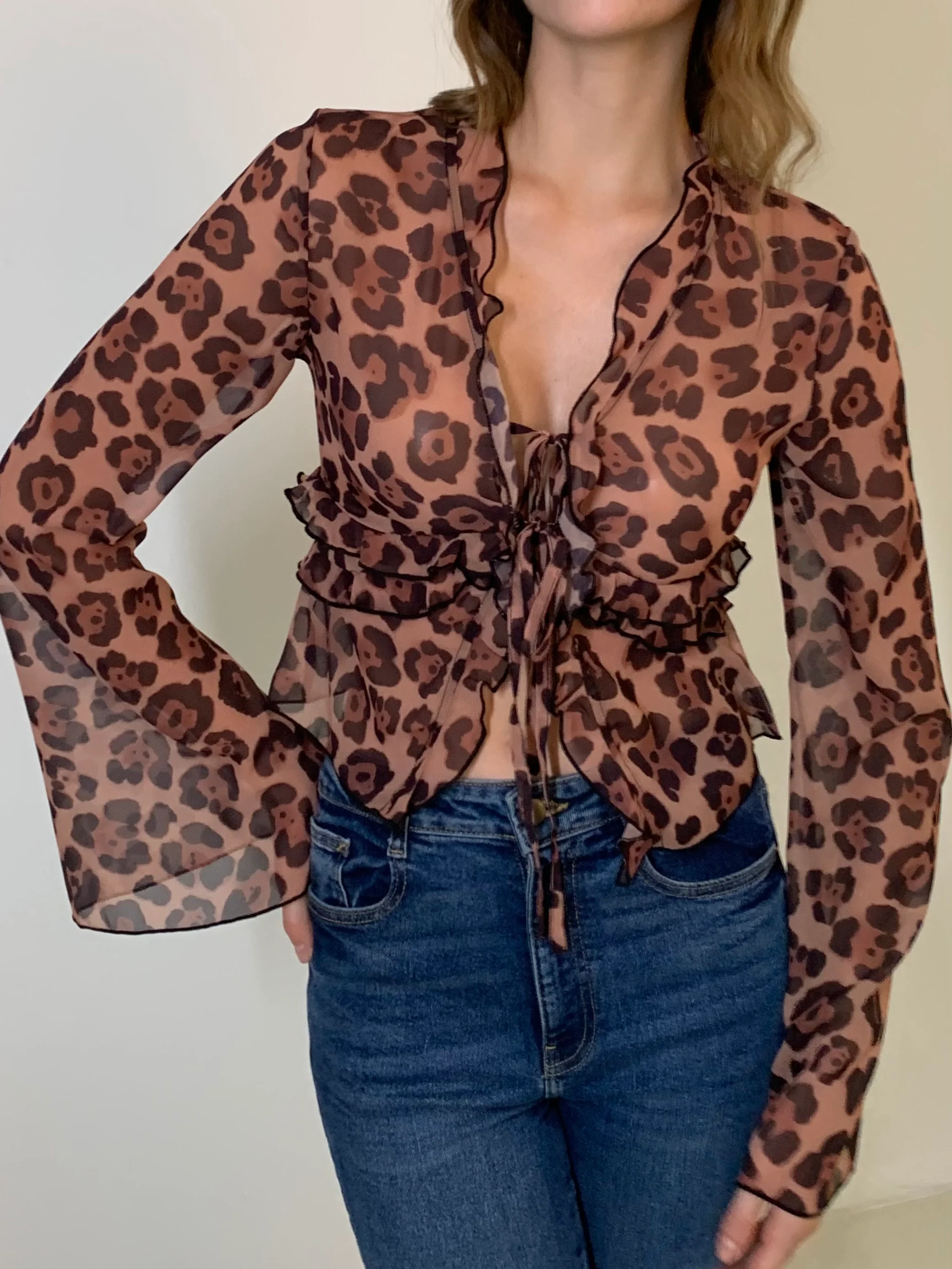 Leopard Print Semi-Sheer Ruffle V-Neck Blouse - Takermore