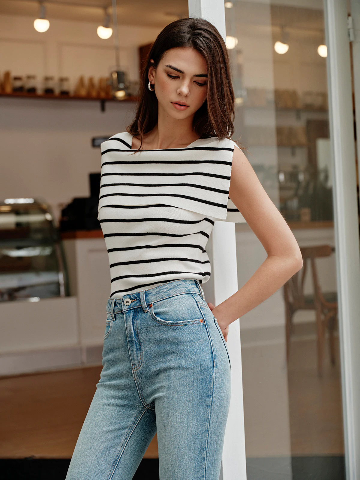 Striped Shawl-Collar Knit Top - Takermore