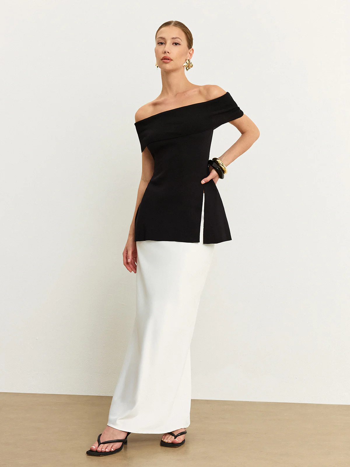 Off-Shoulder Knit Top with Slit - Takermore