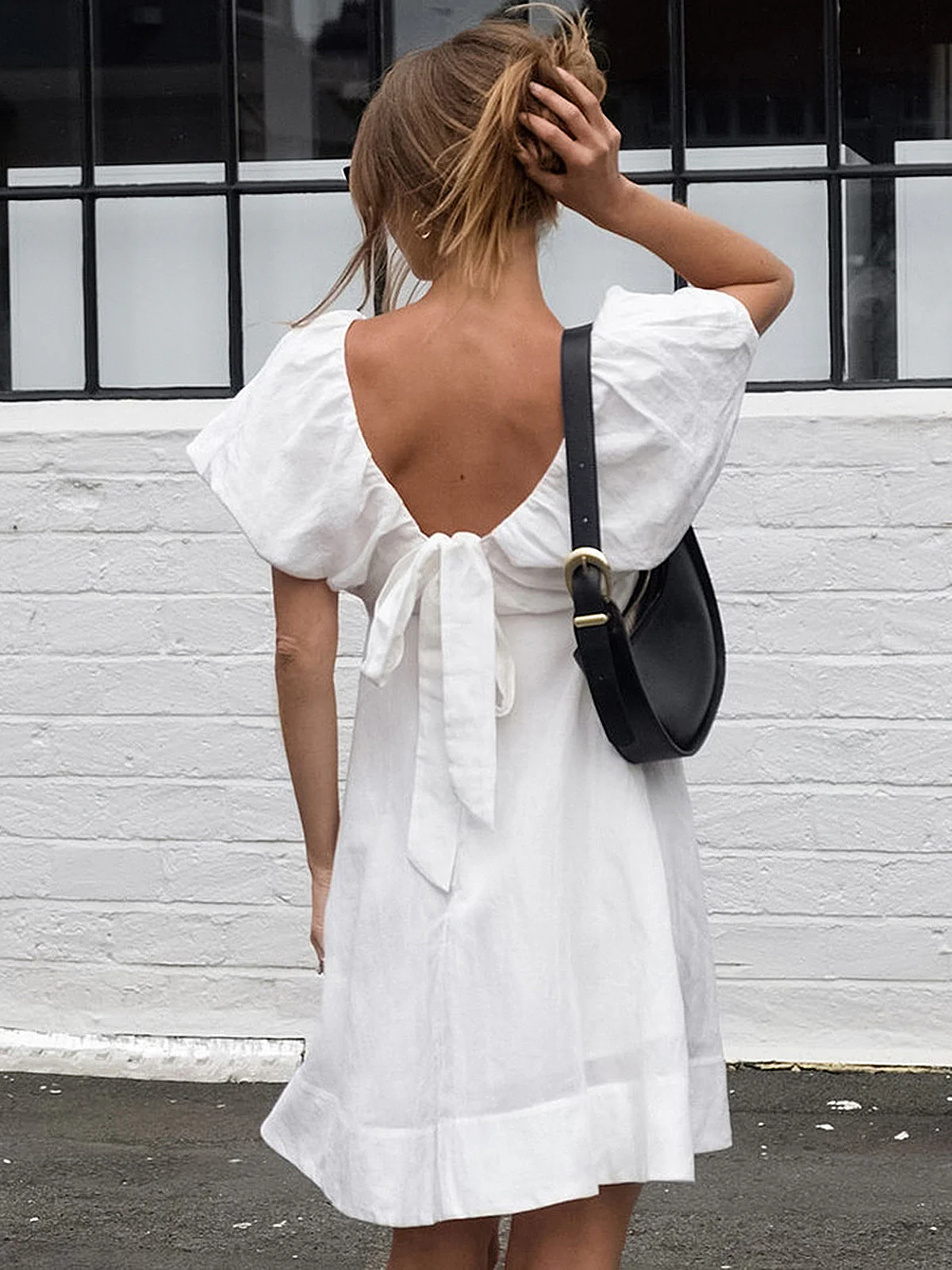 Cotton V-Neck Puff Sleeves Backless Dress - Takermore