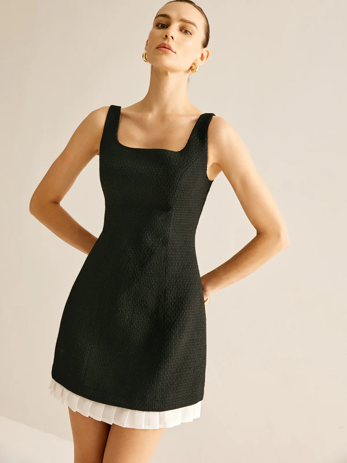 Pleated Trim Tweed Tank Short Dress - Takermore