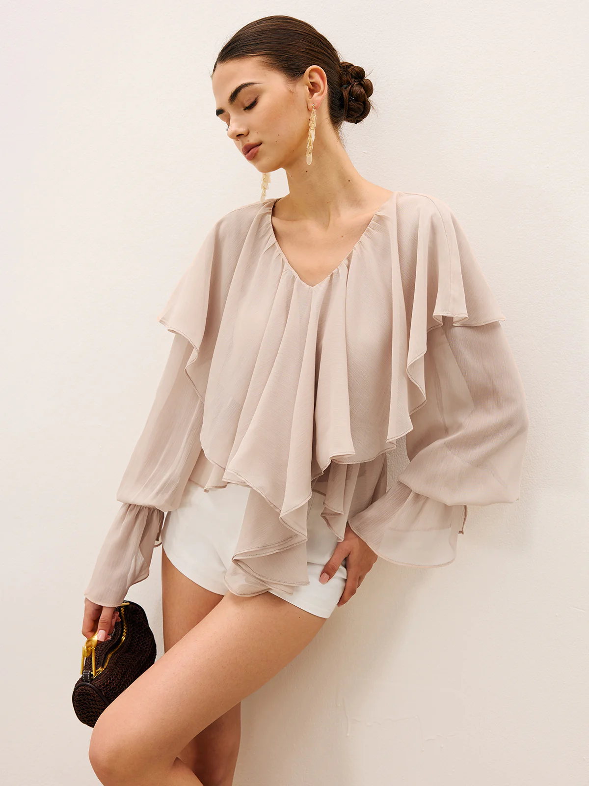 Semi-Sheer Ruffle Layered Chiffon Blouse - Takermore