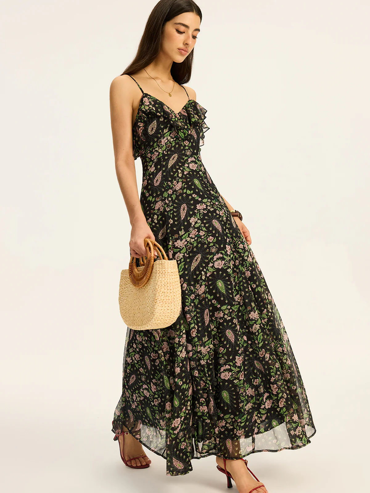 Floral Printed Chiffon Maxi Dress - Takermore