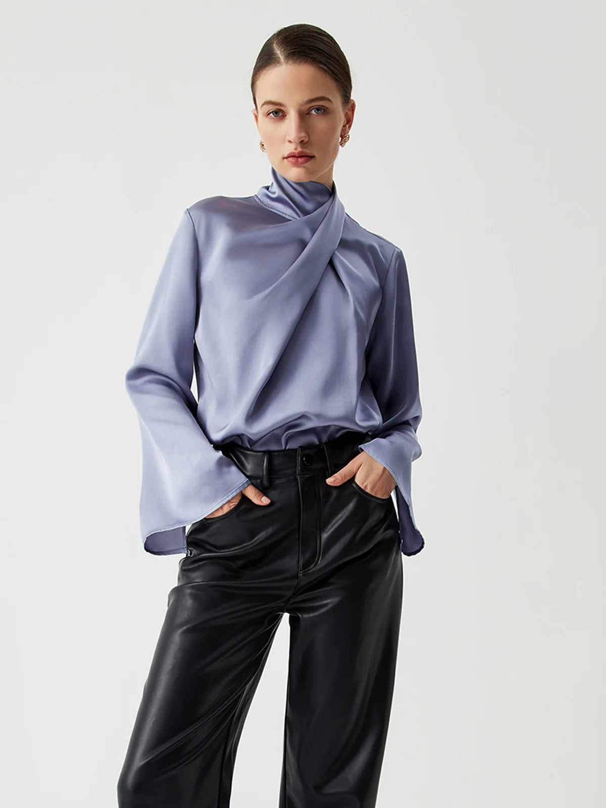Asymmetric Pleated Turtleneck Satin Blouse - Takermore